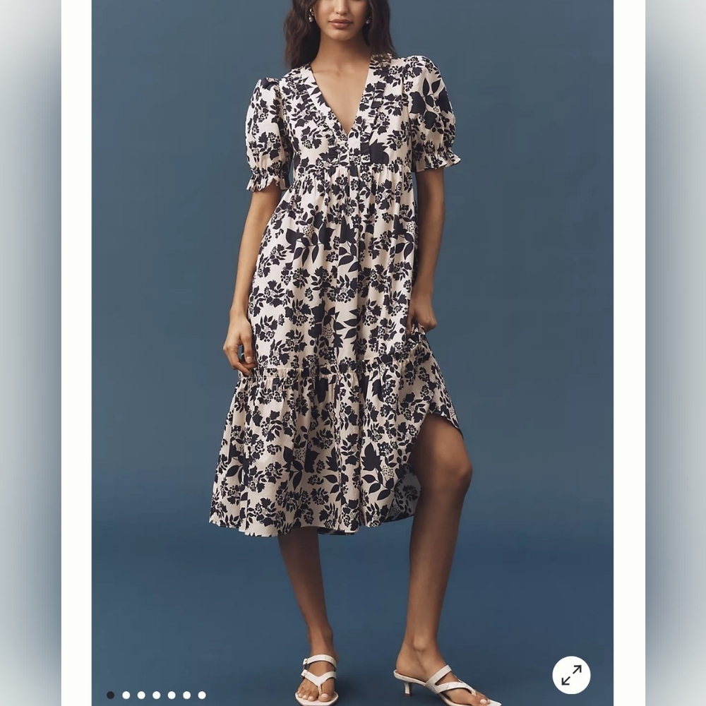 English Factory Puff-Sleeve V-Neck Midi.  Dress. ❤️